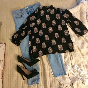 Owl Pattern Mock Turtleneck